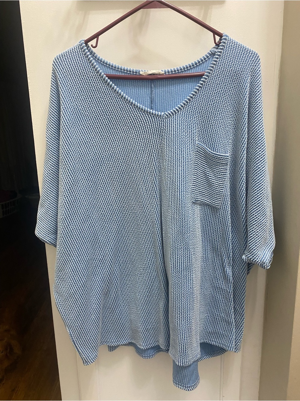 Oversized Light Blue V-Neck Ribbed Pocket Top - Women